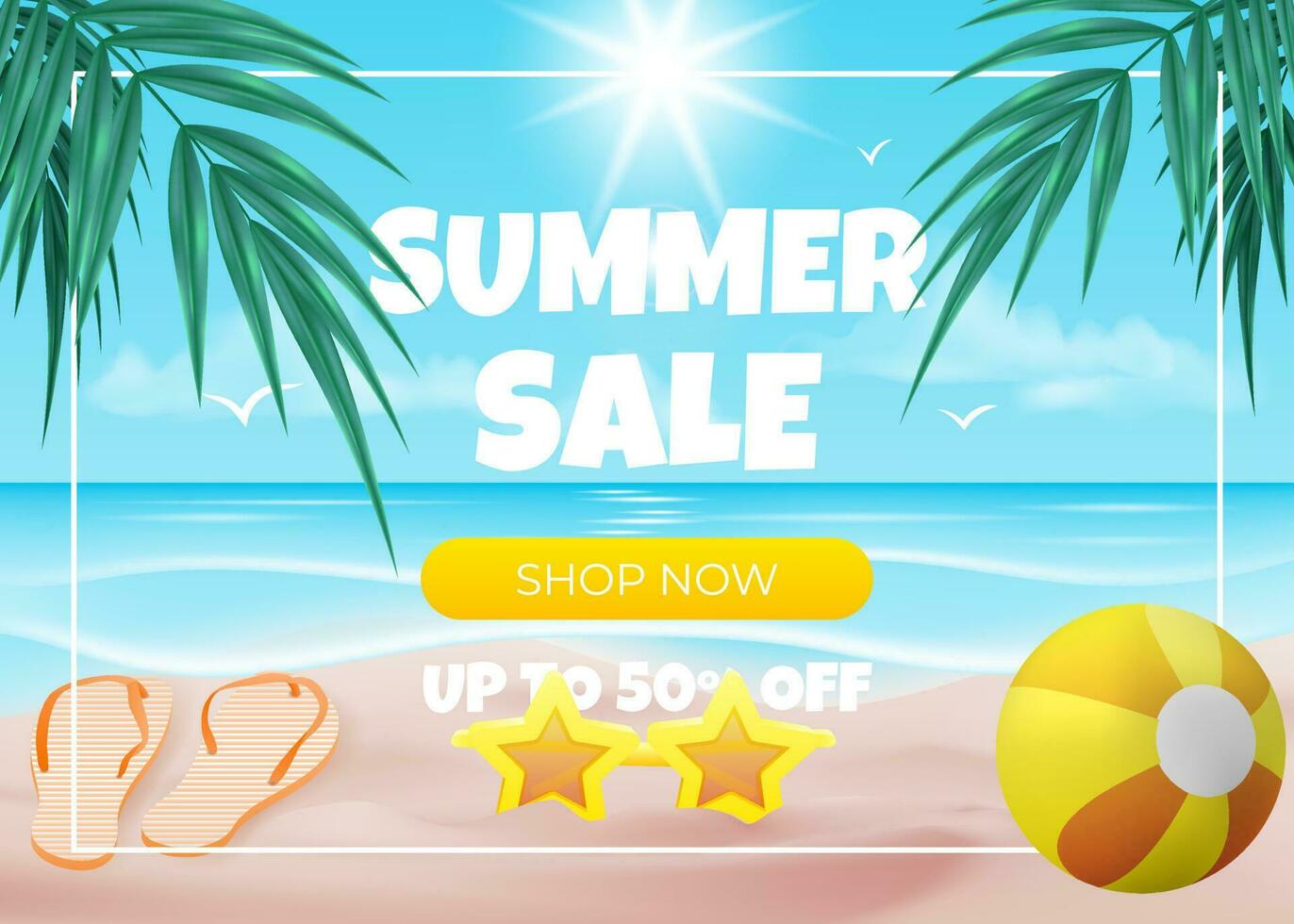 Blue banner vector illustration featuring a palm tree, beach ball, sunglasses, and sun with a yellow Shop Now sale offer button on a white frame against a ocean blue background. For advertising