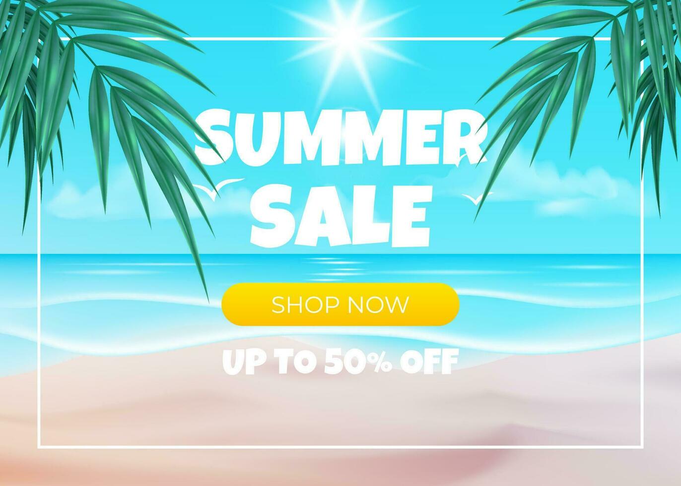 A vector illustration of a blue sky, ocean, beach with palm trees on a tropical background, perfect for summer sales, promotions, flyers, posters, cards. Summer sale banner with shop now button.