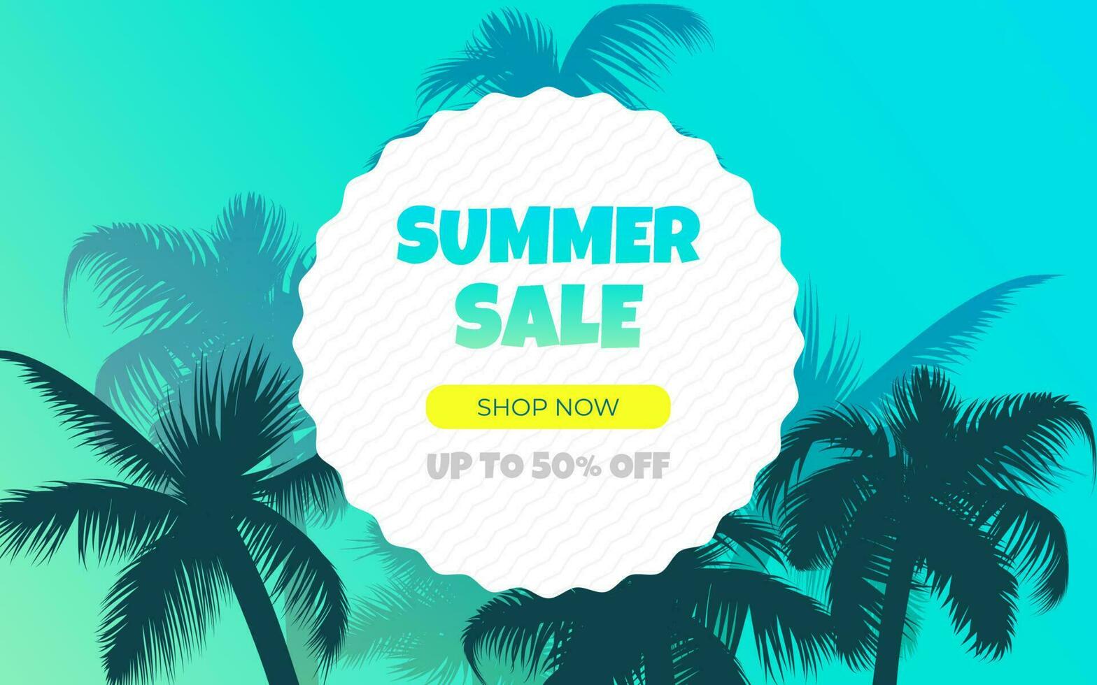 Summer sale. Tropical illustration featuring leaf pattern, palm trees, and zig zag circle on blue gradient background ideal for summer sale promotion flyers, posters and templates vector