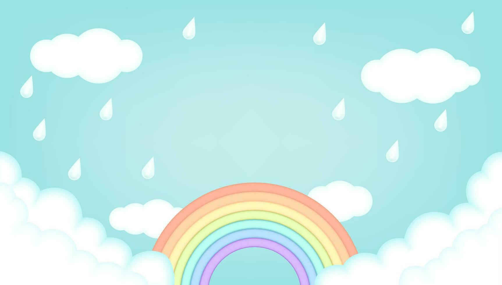 This lovely 3D plastic vector image is perfect for baby showers and kid's parties. Featuring a cute cartoon design with a blue sky, fluffy clouds, rain drops and a rainbow. Template for invitations