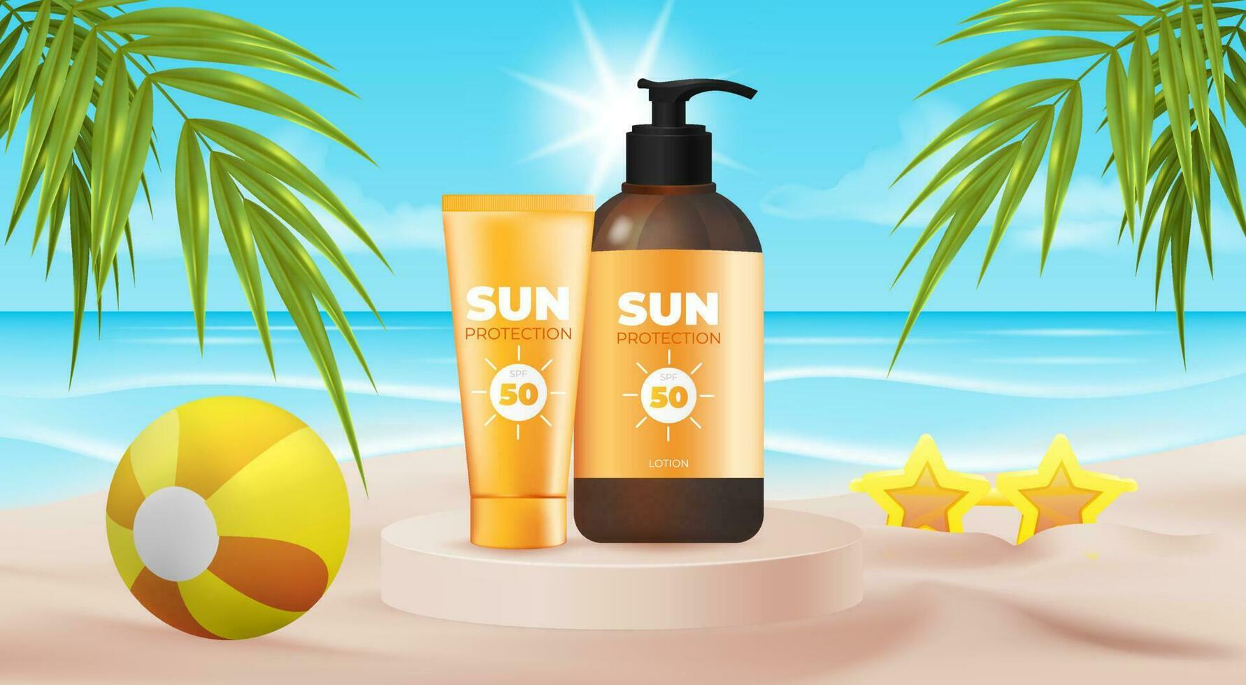 Vector illustration of a 3D sunscreen bottle on the beach. Realistic image with tropical concept, perfect for advertising health and beauty products. Template for sale display, with orange ball
