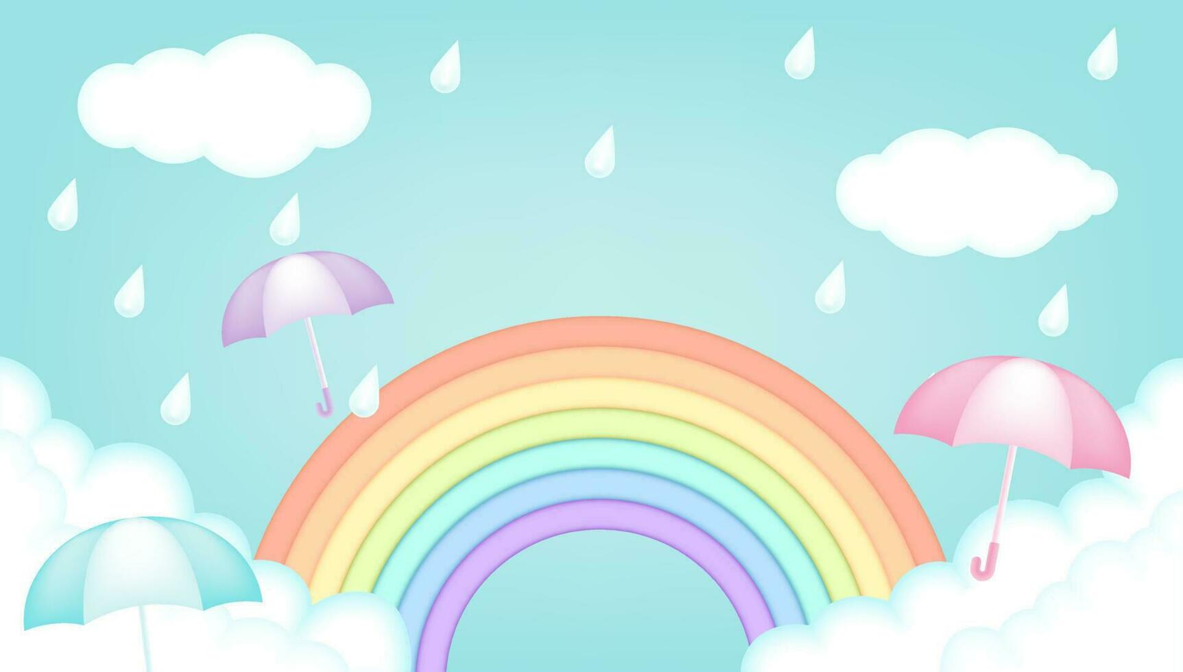 Bright and colorful kids vector 3d illustration of a rainy day with a clouds, rainbow, raindrops, umbrellas. For advertising, weather banners, coupons, flyers, posters, promotions and monsoon season