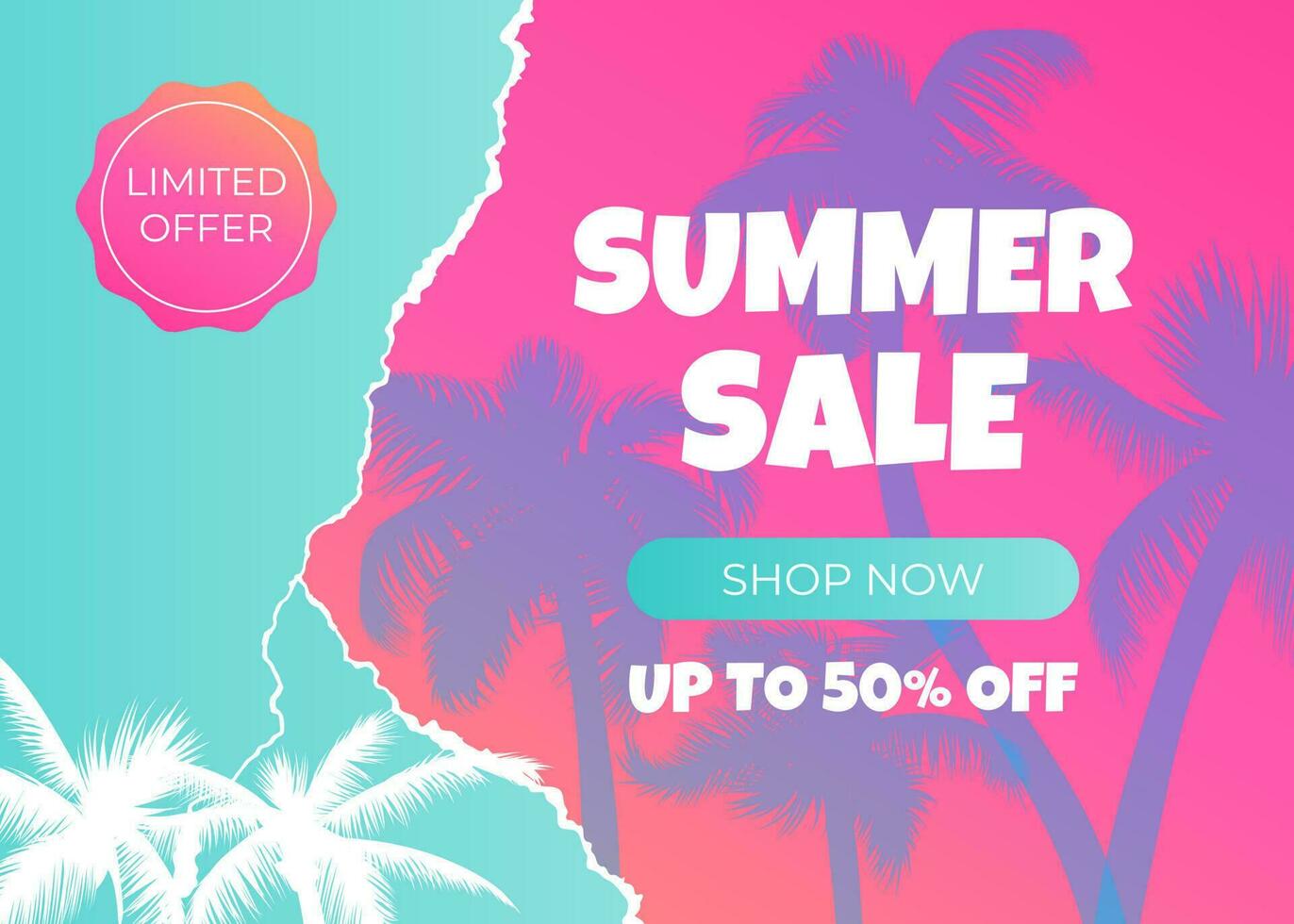 Summer sale banner design with tropical beach backdrop with palm trees, sunset, and a ripped paper texture. Perfect for summer sales, promotions, flyers, posters. Torn colored paper. vector