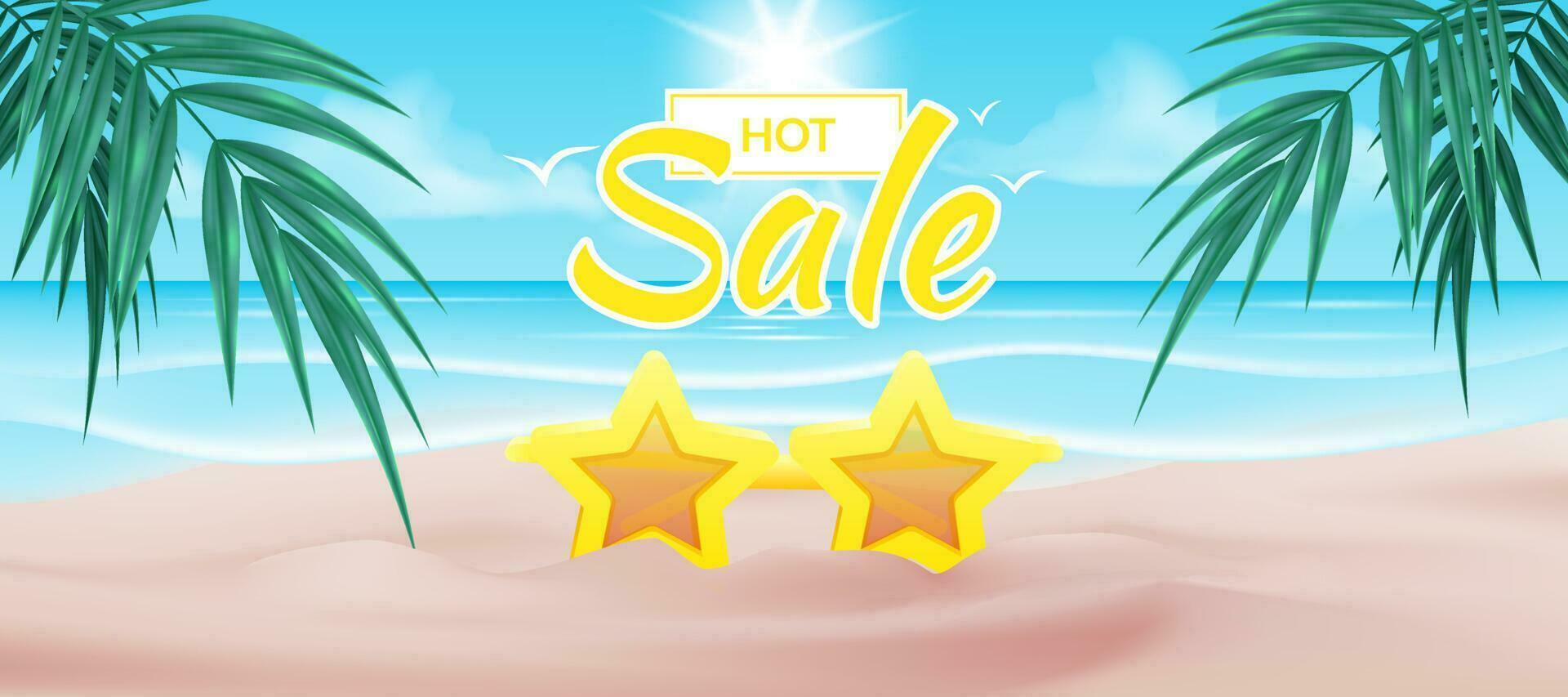 A vector illustration of a beach scene with a pair of star shaped sunglasses on the sand, and a palm tree in front of ocean. Summer sale yellow banner design. Hot sale offer.