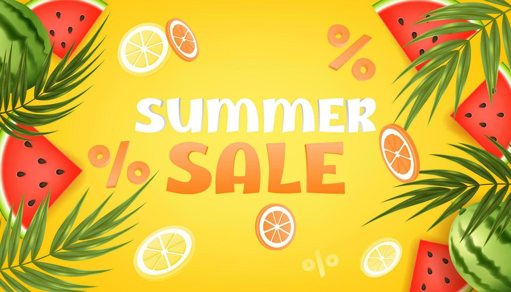3D vector illustration of juicy sliced citrus fruits like lemons, watermelon, on palm leaf frame on yellow background for sale banners, flyers, posters, brochures layouts with percent sign for voucher