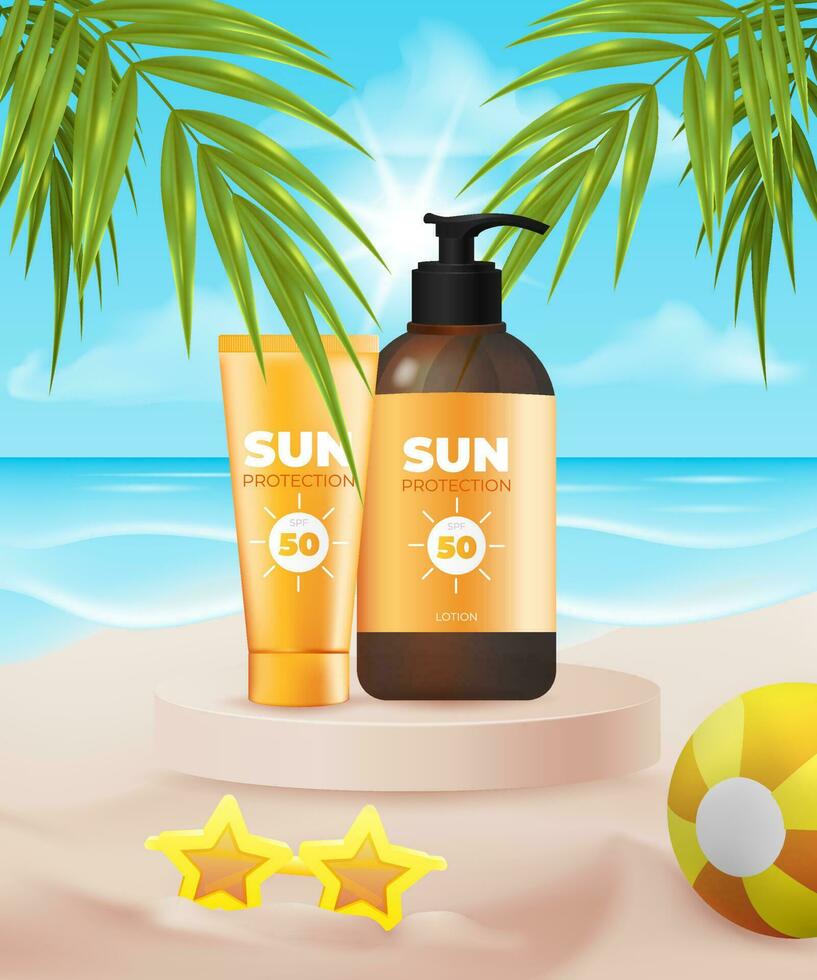 Template for sale display, with orange ball and sunglasses on the sand. UV protection for summer skin care. 3D sunscreen bottle on the beach with palm trees and ocean. vector