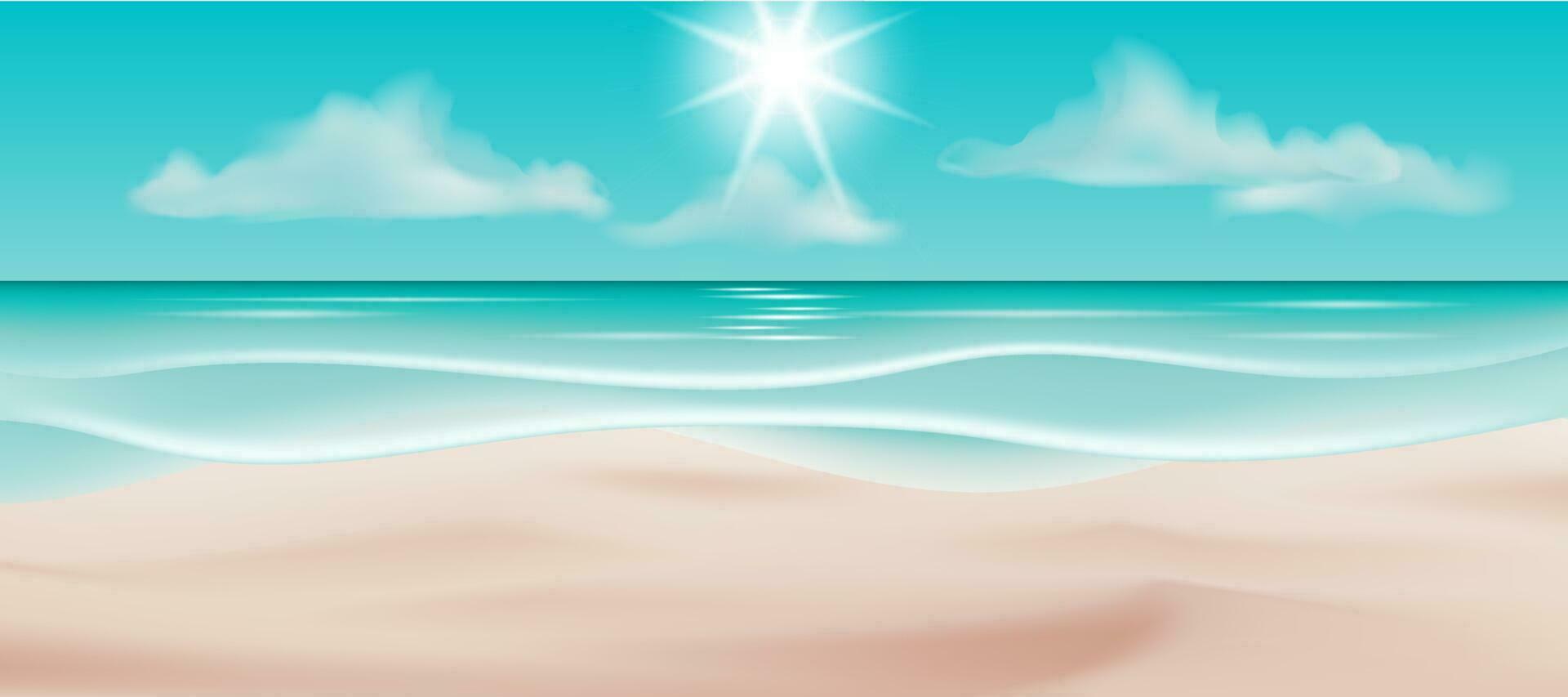 Vector illustration of a beautiful tropical seascape with a white sandy beach, blue ocean, and a clear sky. Perfect for travel and vacation designs, wallpapers, and backdrops for parties and events