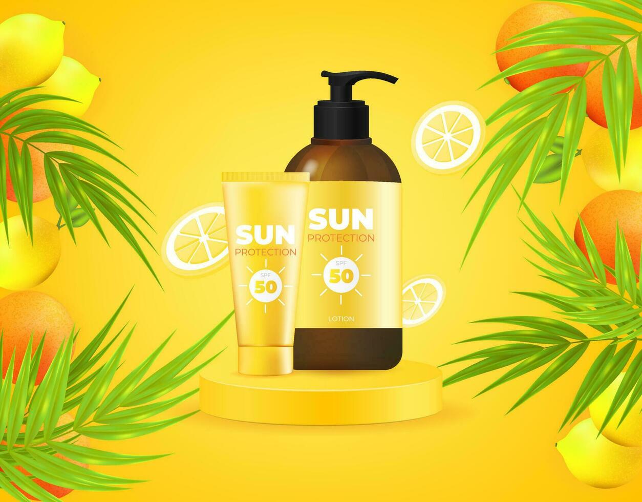 Vector collection of 3D sunscreen tube and bottle with a tropical theme. Realistic image with yellow background, perfect for summer skin care products. Includes fresh fruit and leaf elements