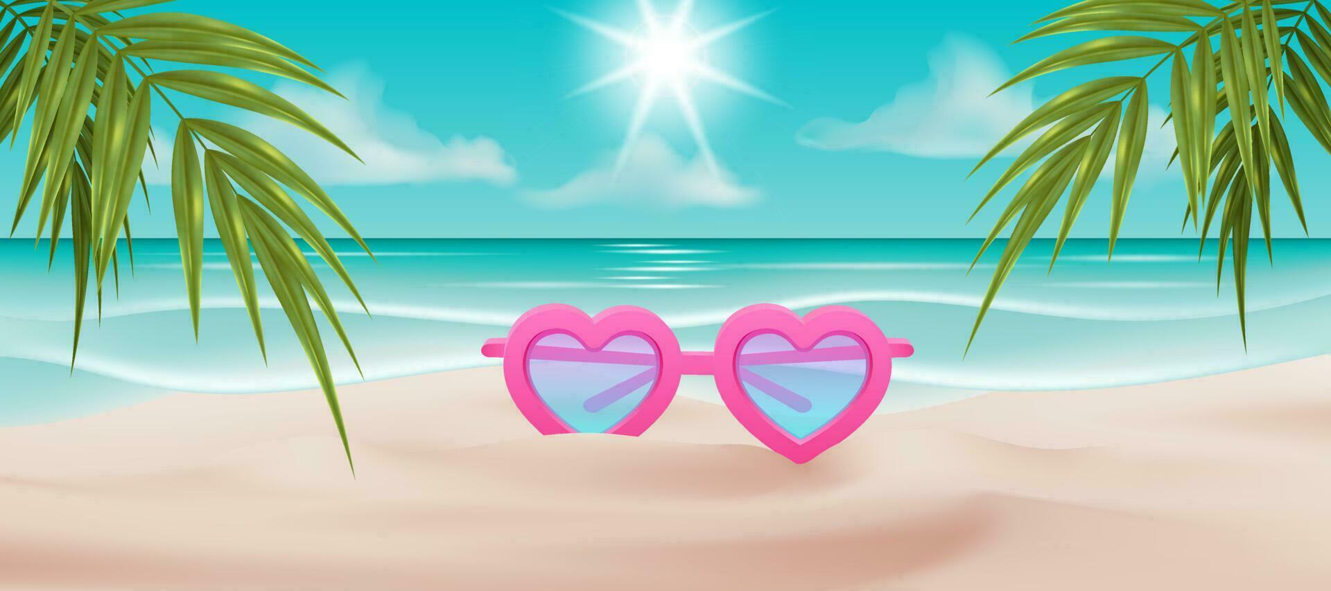 Vector illustration of a beach scene with a pair of heart shaped sunglasses, an eyeglass, and a palm tree. For cards, posters, banners, and other designs. Ideal for summer holidays. Hello summer