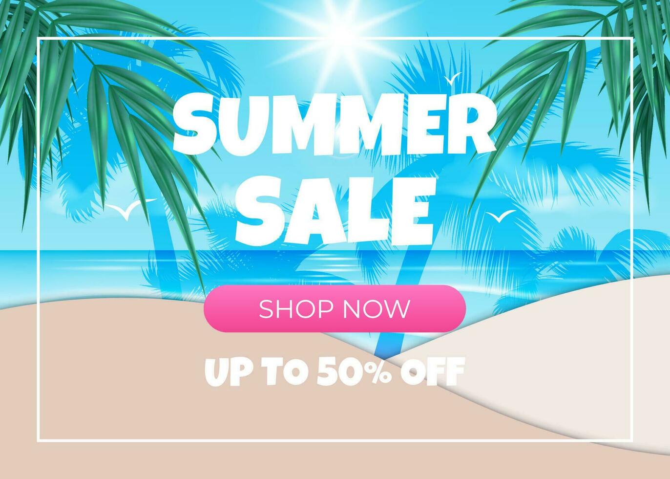 A vector illustration of a blue sky, ocean, beach with palm trees on a tropical background, perfect for summer sales, promotions, flyers, posters, cards. Summer sale banner with shop now button.