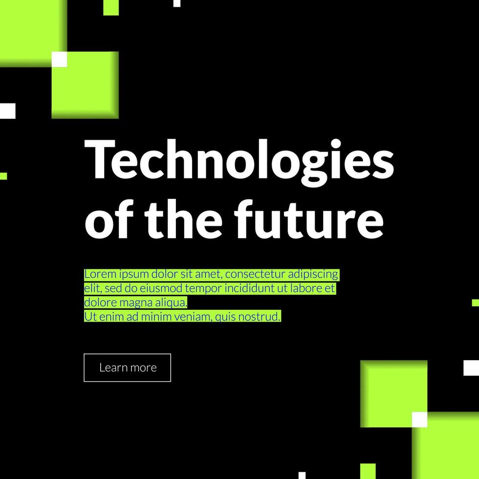 Futuristic and technical design with a modern geometric background in black and neon green. It's perfect for flyers, covers, banners. Technology banner with mosaic glitch pixel noise effect. vector
