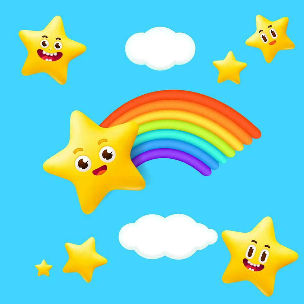 3D vector illustration of a cute and colorful cartoon baby star character with cute smiling face. Stickers for children with stars, clouds and 3d rainbow. Yellow color for kids room decoration.