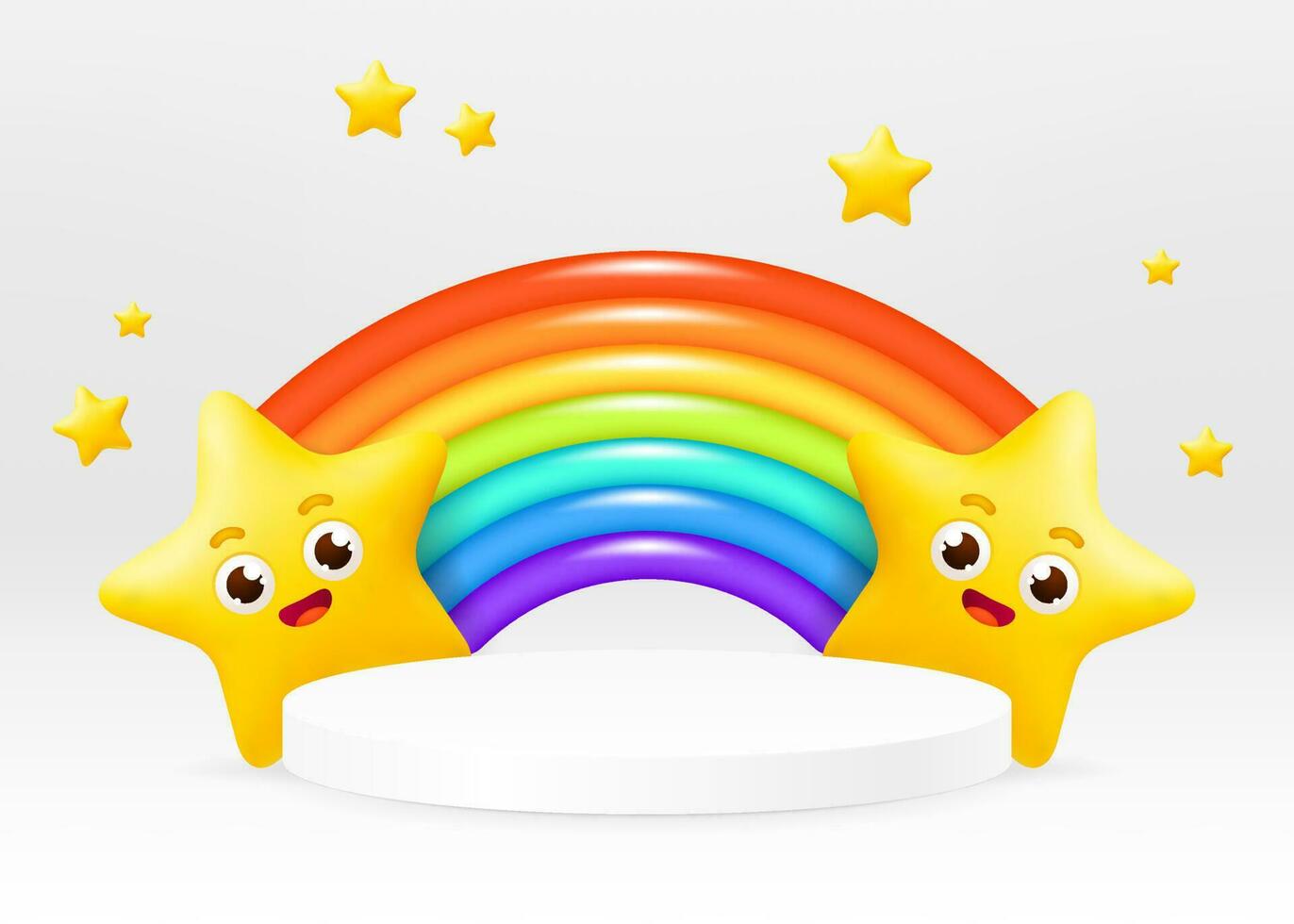A 3D vector illustration of a rainbow arc with 3d cartoon stars with cute faces, and a little stars. White podium showcase. Perfect for ad, posters, banner designs. Ideal for displaying kids toys