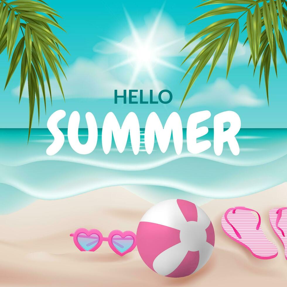 A realistic 3D vector illustration of a beach scene with a striped beach ball, sunglasses, and a pair of flip-flops. Perfect for cards, posters, banners, and other designs. Hello summer