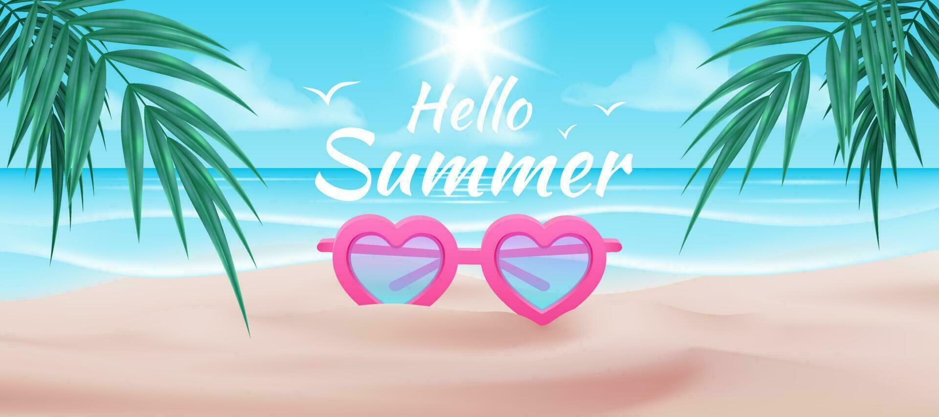 Vector illustration of stylish heart shaped pink sunglasses with a vintage touch, against a tropical beach backdrop with palm trees and blue ocean. Perfect for summer designs, posters