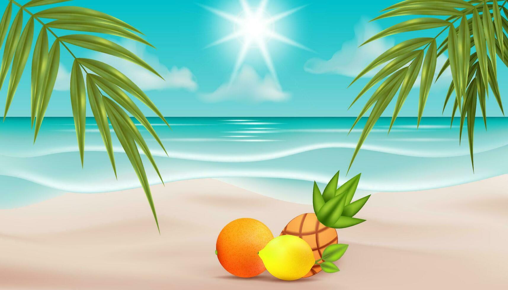 A vector illustration of a beach scene with a group of tropical fruits orange, pineapple. Palm leaves on the coast. Perfect for cards, posters, banners, and other designs. Ideal for summer holidays