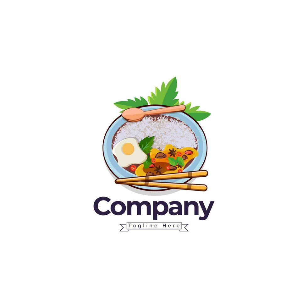 comida logo con ilustración, comida negocio compañía, vector ilustración con prima concepto. plato con un tenedor, cuchara, y frito huevos en el blanco antecedentes.