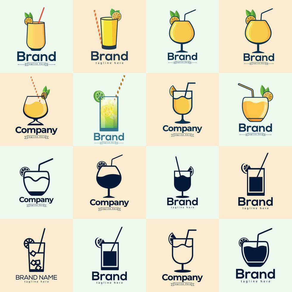 un serie de diferente bebidas incluso el marca mimosa bebida vaso logo modelo grande recopilación. mimosa limón lentes logo con un rebanada de limón y un rebanada de gusto limón. vector