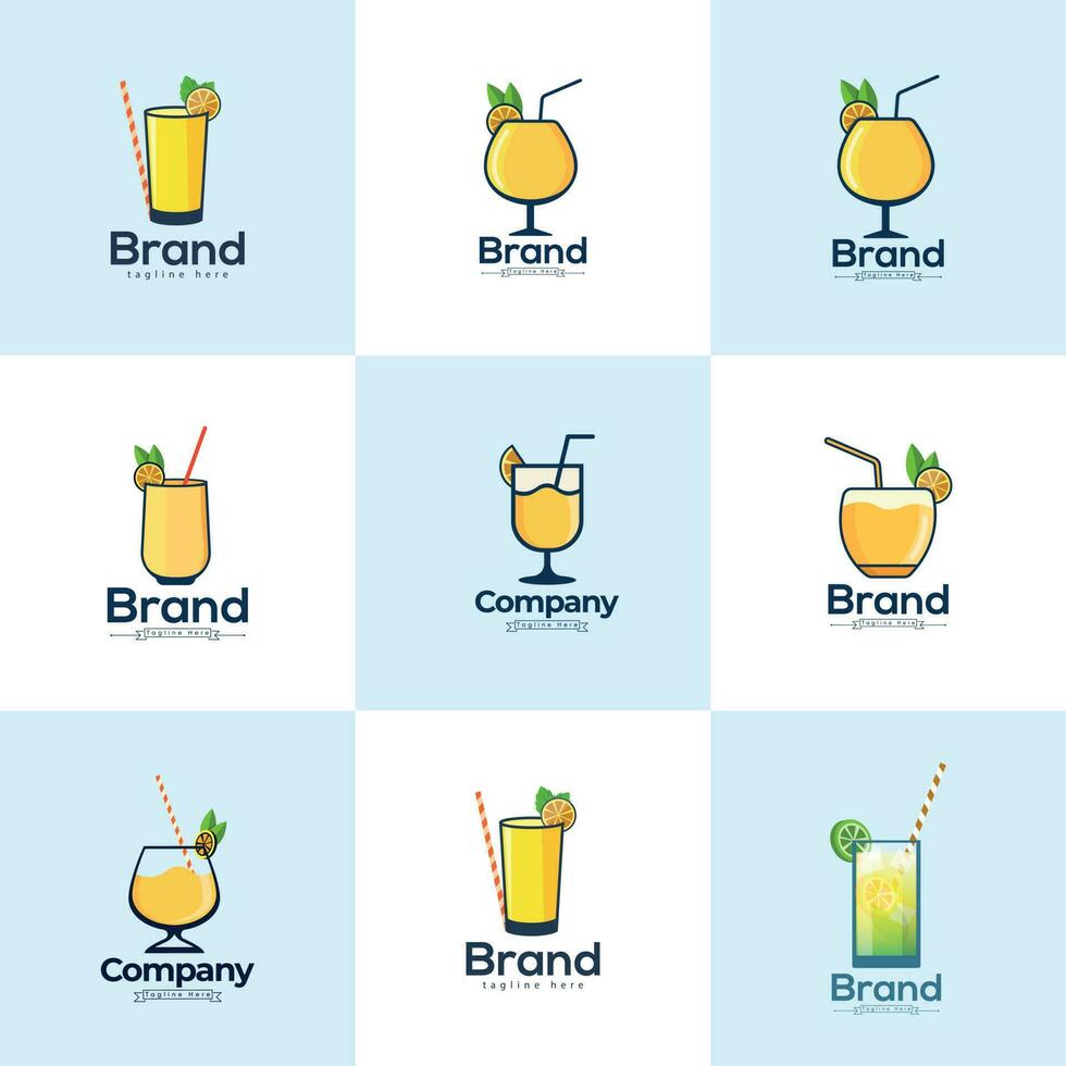 Set Of Different Drinks Including The Brand Mimosa Drink Glass Logo Template Big Collection.  Mimosa lemon glasses Logo And Vector Illustration With A Slice Of Lemon And A Slice Of Taste Lemon.