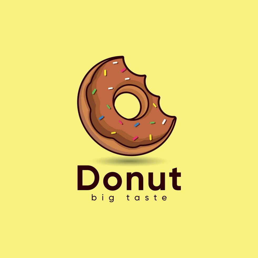 un ilustración rosquillas logo con un mordedura tomado fuera de él. y rosquillas icono diseño con rosquillas modelo elementos con cuchara y palillo vector color emblema.
