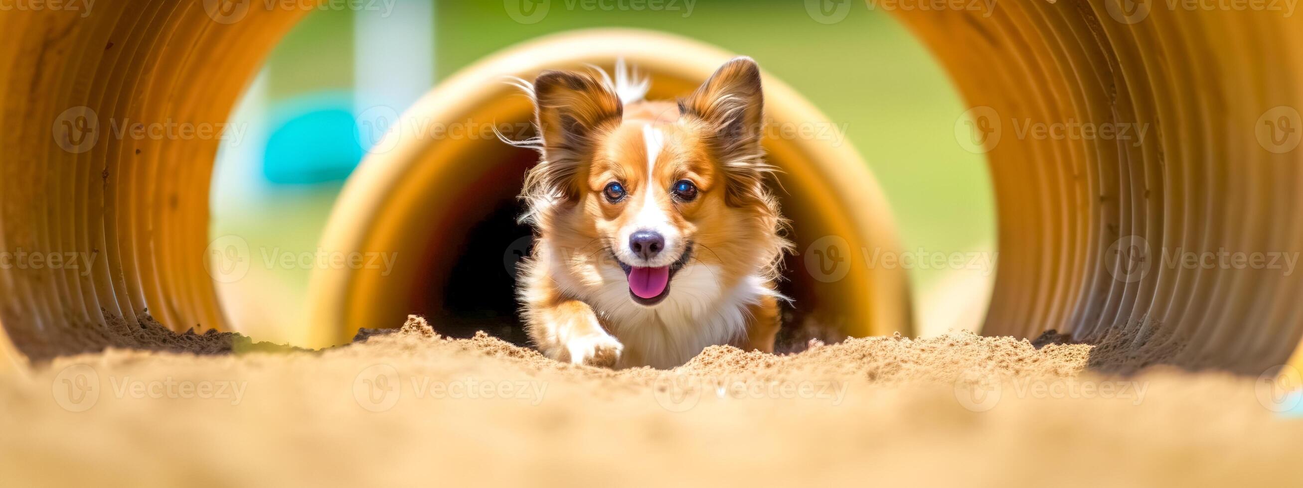 agility sport for dogs, a dog runs in a tunnel at a competition, banner, made with photo