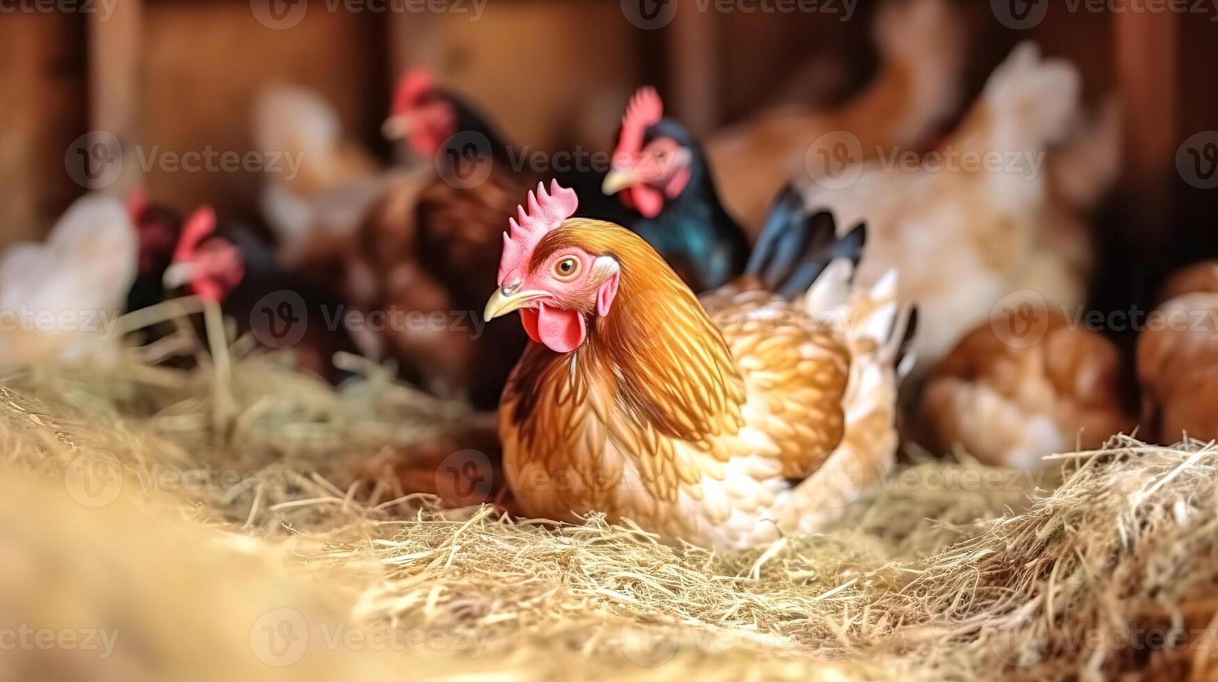 hens on an organic farm, sitting on eggs on straw in a chicken coop, made with photo