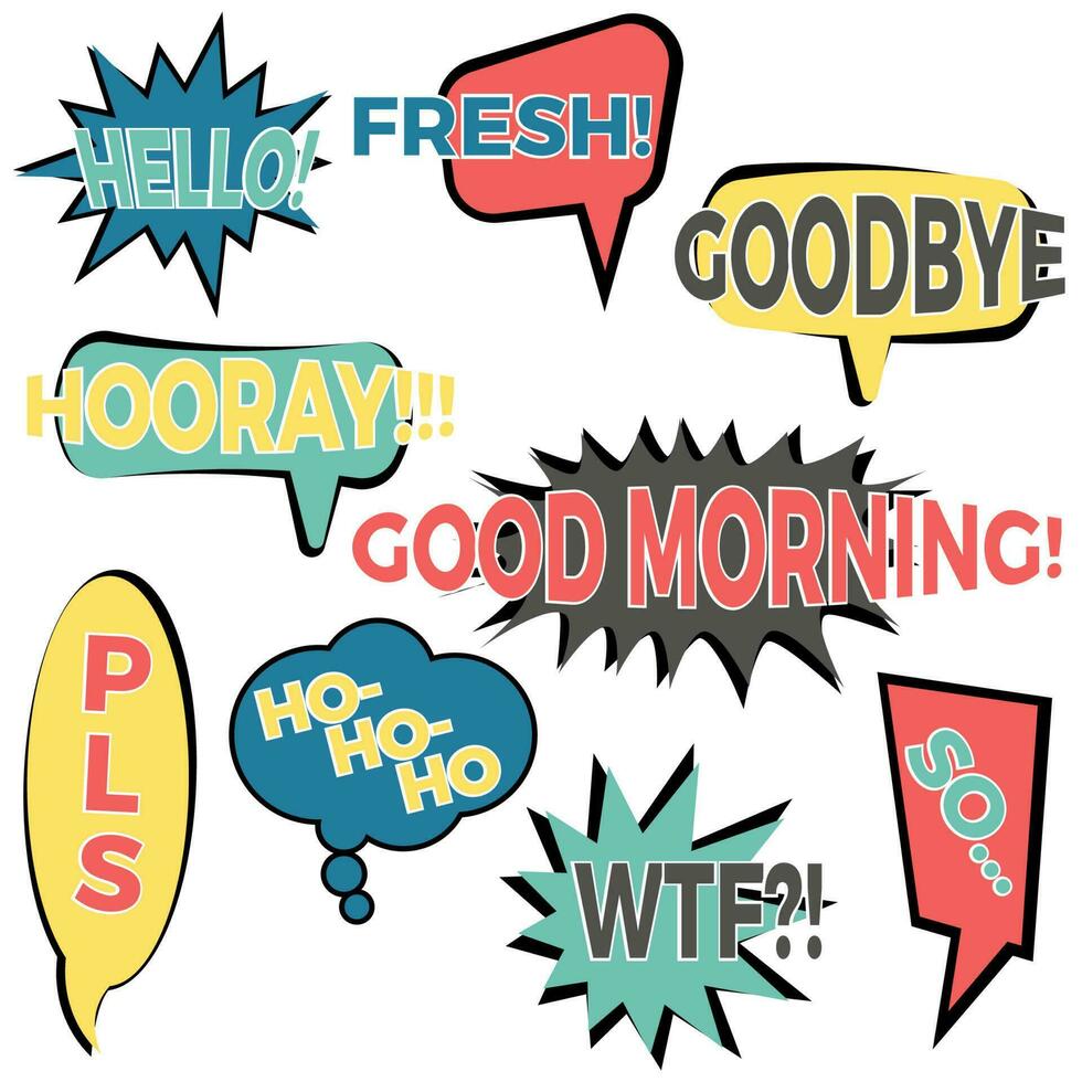 Set of nine cartoon comic balloon speech bubbles in flat style. Elements of design comic books with different phrases. Vector illustration