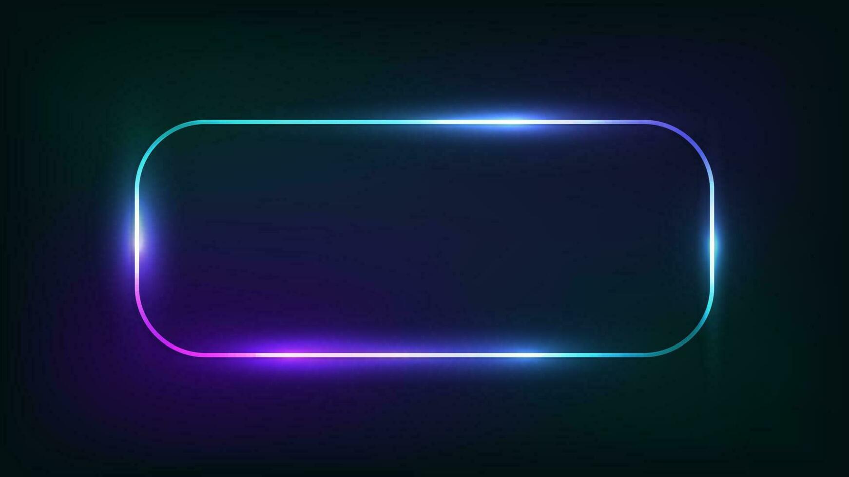 Neon rounded rectangle frame with shining effects on dark background. Empty glowing techno backdrop. Vector illustration.