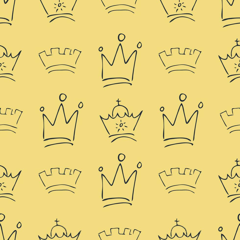 Hand drawn crowns. Seamless pattern of simple graffiti sketch queen or king crowns. Royal imperial coronation and monarch symbols. Vector illustration.