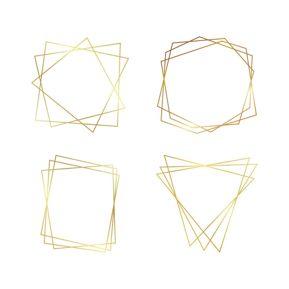 Set of four gold geometric polygonal frames with shining effects isolated on white background. Empty glowing art deco backdrop. Vector illustration.