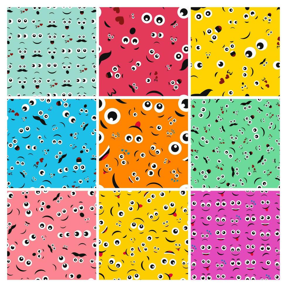 Cartoon faces with emotions. Set of nine seamless patterns with different emoticons. Vector illustration