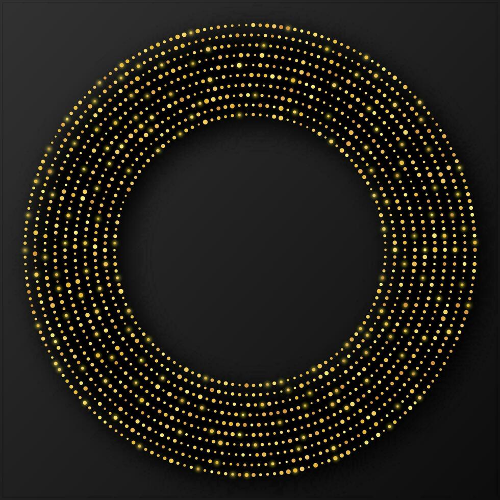 Abstract gold glowing halftone dotted background. Gold glitter pattern in circle form. Circle halftone dots. Vector illustration