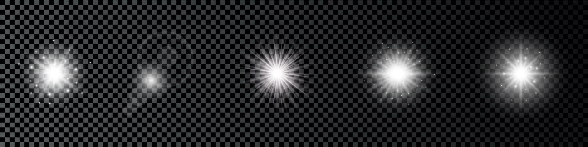 Light effect of lens flares. Set of five white glowing lights starburst effects with sparkles on a dark background. Vector illustration