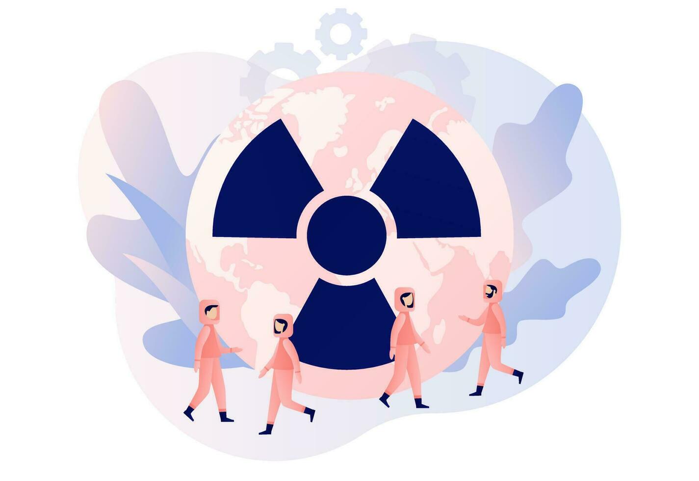 Radiation warning symbol on planet Earth. Nuclear toxic waste concept. Tiny people in radioactive protection suit. Modern flat cartoon style. Vector illustration on white background