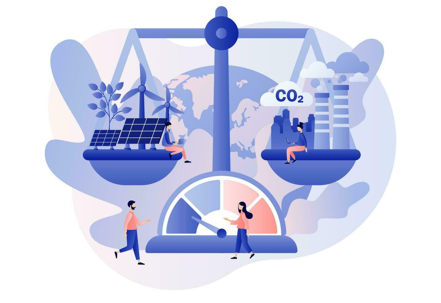 Reduce emission CO2. Sustainability concept. Net zero emissions and carbon dioxide neutral balance. Scales with ecofriendly and factory. Modern flat cartoon style. Vector illustration