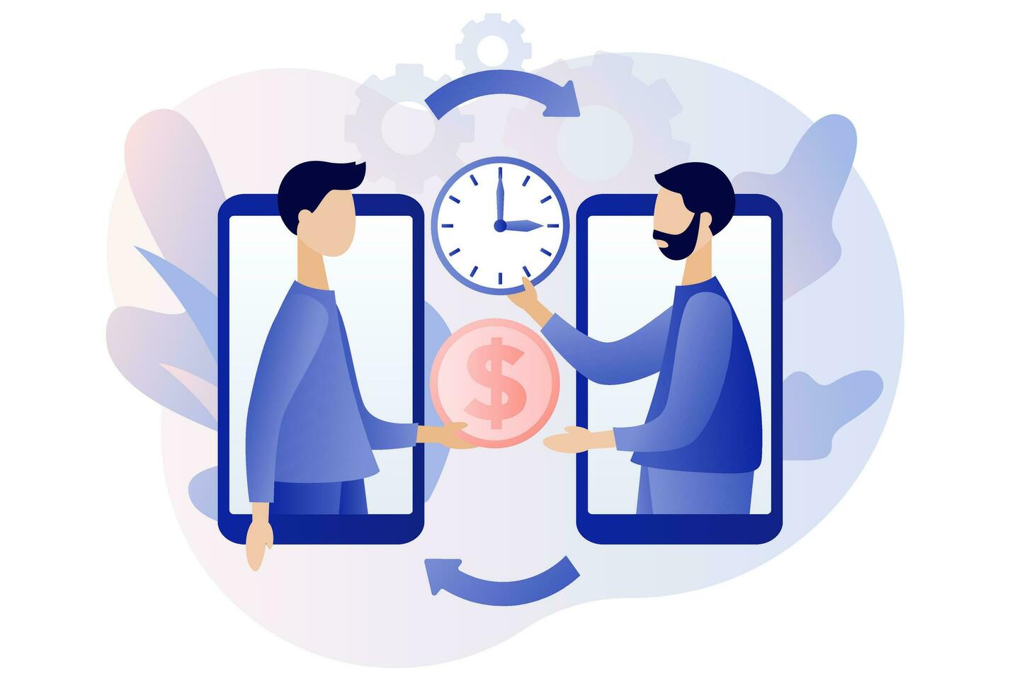 Time is money. Business concept. Time management. Tiny people businessmen exchange time for money. Modern flat cartoon style. Vector illustration on white background