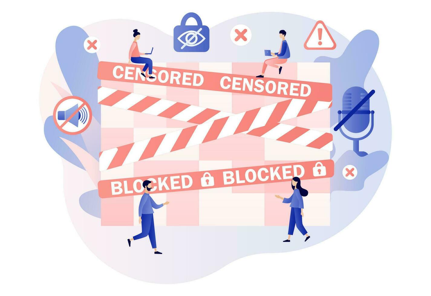 Warning tapes with censorship label. Censored info concept. Censure pixelation effect and blur. Sensitive content. Modern flat cartoon style. Vector illustration on white background