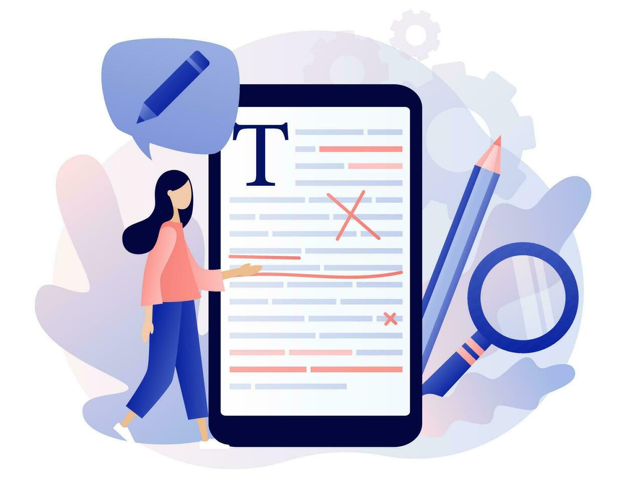 Editor and copywriting services online. Editing in smartphone app. Tiny people copywriters checking grammar and spelling document page. Modern flat cartoon style. Vector illustration