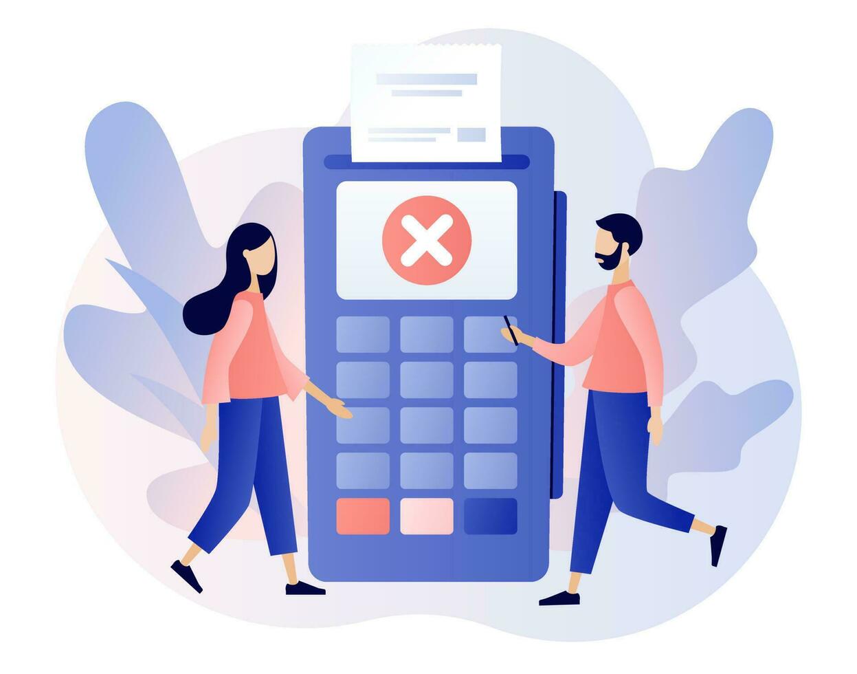 Payment error. Cashless NFC payment transaction canceled. Payment failed, try again. Payment terminal with cross checkmark. Modern flat cartoon style. Vector illustration on white background