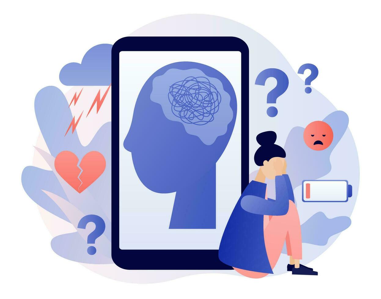 depresión mental. Deprimido mujer sentado cerca teléfono inteligente mental salud y psicoterapia concepto. ansiedad, estrés, emocional agotamiento, otro psicológico problemas. moderno plano dibujos animados estilo. vector