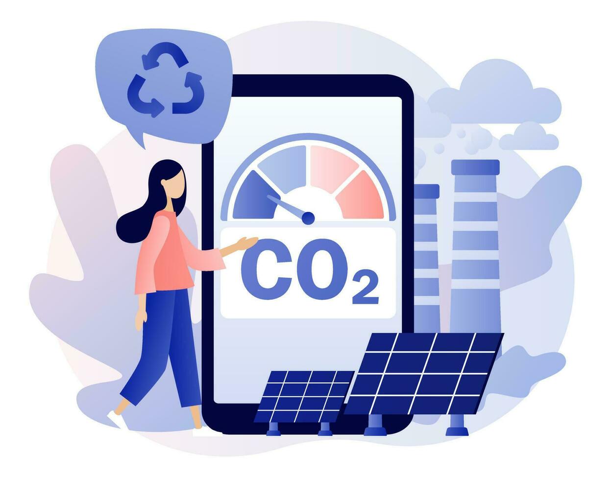 Reduce emission CO2. Carbon offset compensation. Sustainability concept. Net zero emissions and carbon dioxide neutral balance. Modern flat cartoon style. Vector illustration on white background