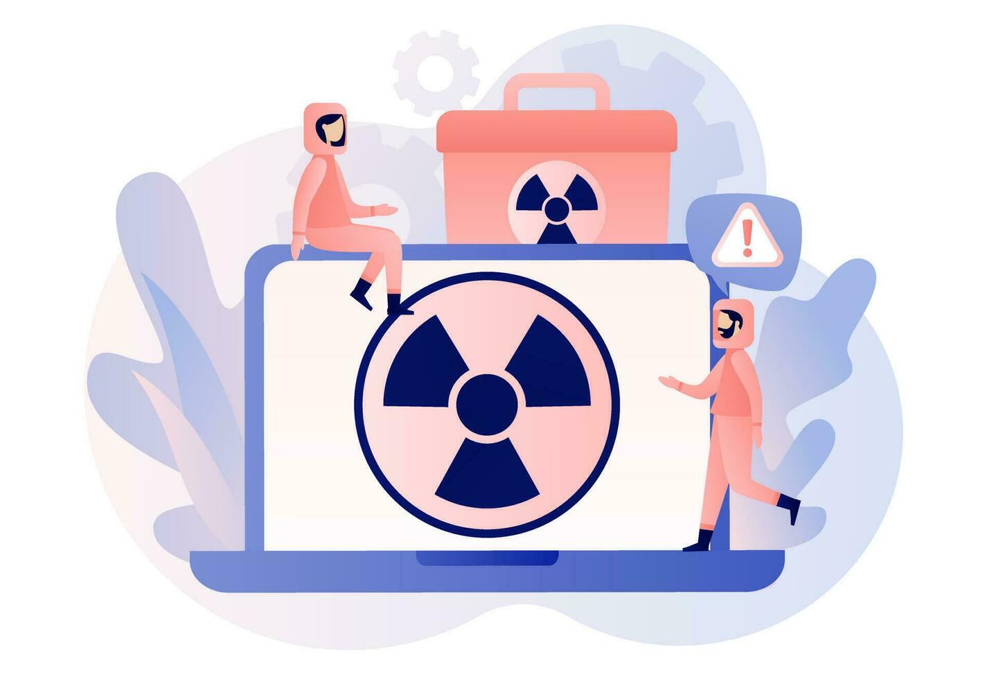 Radiation warning sign on smartphone screen. Nuclear toxic waste concept. Tiny people in radioactive protection suit. Modern flat cartoon style. Vector illustration on white background