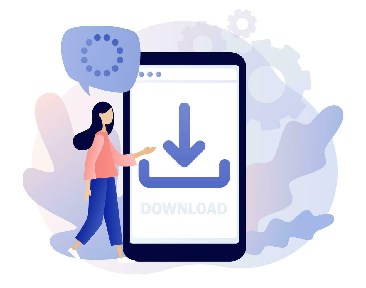 Download concept. Install symbol. Tiny people downloading data, files on smartphone app. Load symbol. Modern flat cartoon style. Vector illustration on white background