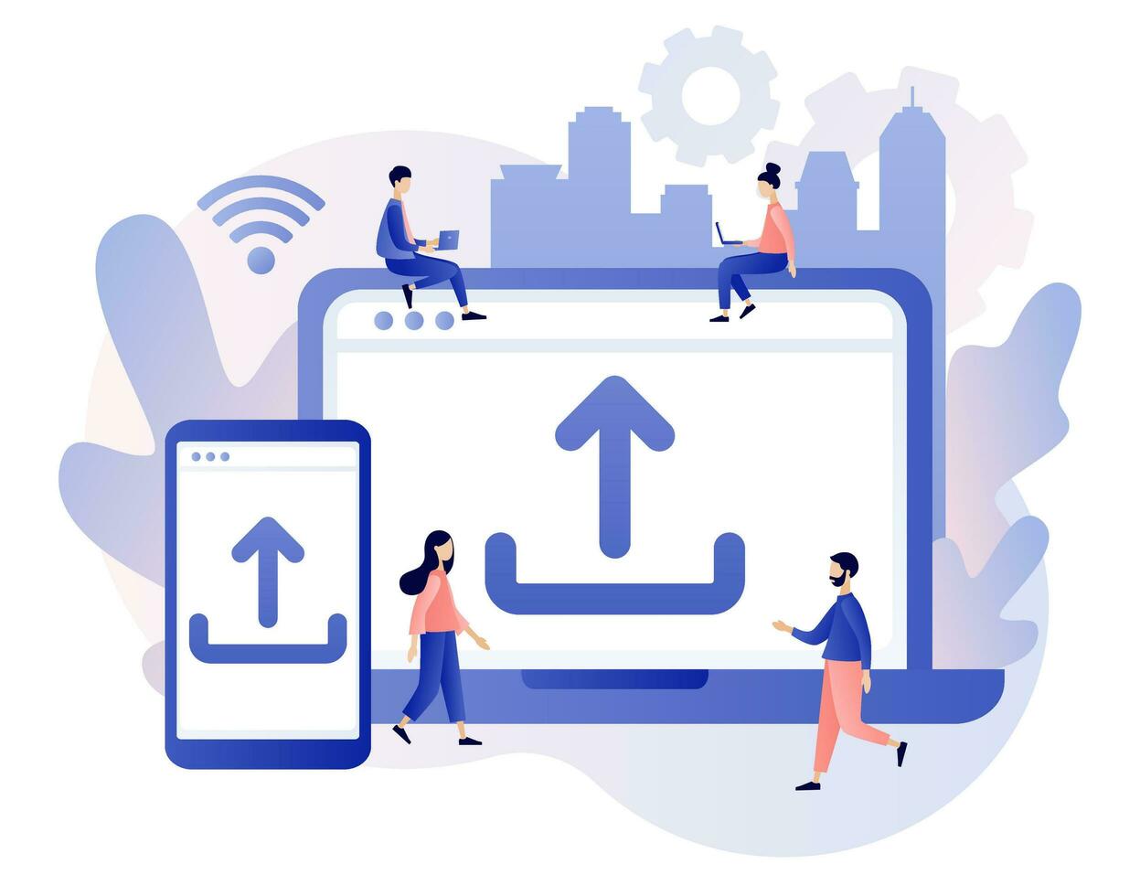 Upload symbol. Load sign. Tiny people uploading data, files from smartphone and laptop. Data exchange concept. Modern flat cartoon style. Vector illustration on white background