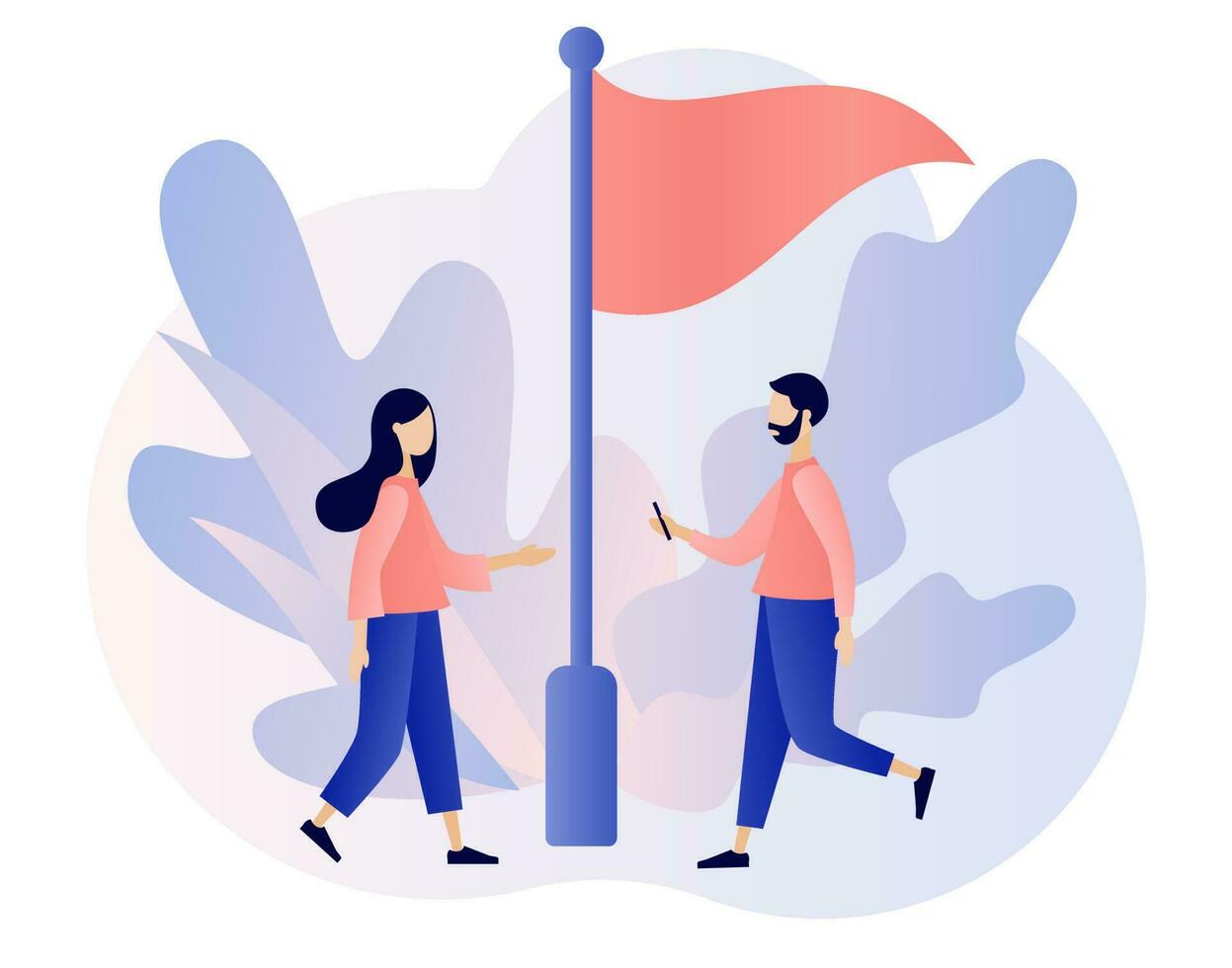 Red flag warning. Metaphor problem, trouble and difficulty. Attention or alert for threat in relationships, partnership, business. Modern flat cartoon style. Vector illustration on white background