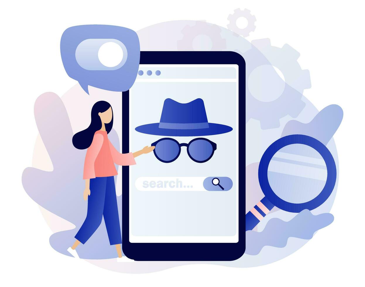 Incognito mode concept. Browse in private. Anonymous search in smartphone app. Online privacy and personal data protection. Confidential information. Modern flat cartoon style. Vector illustration