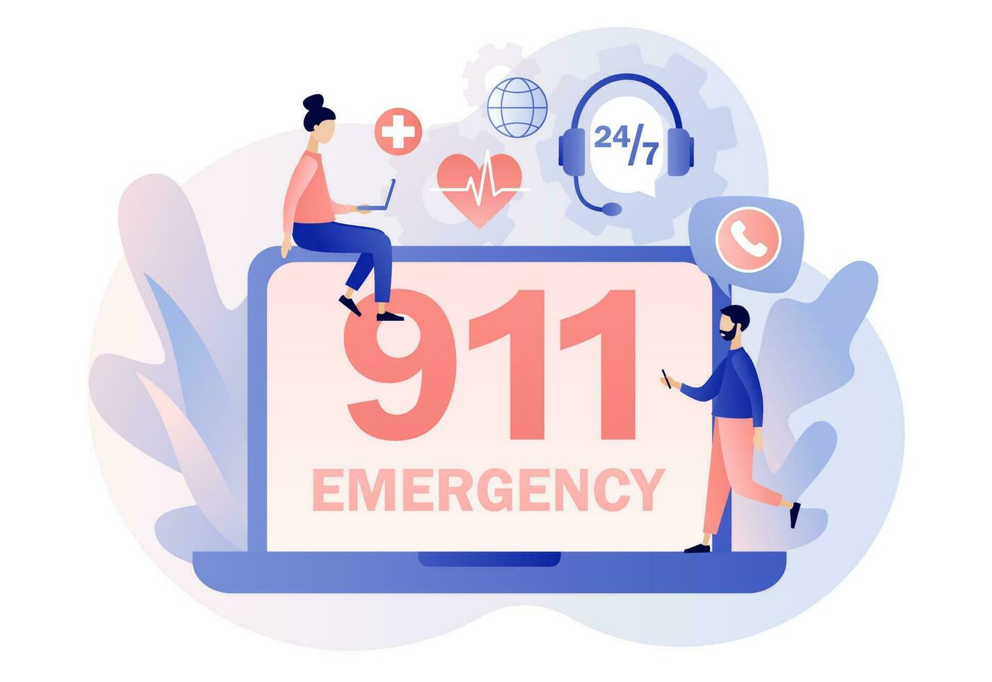 911 emergencia llamada en web sitio. ambulancia servicio. asistente gerente en línea. línea directa llamada centro. moderno plano dibujos animados estilo. vector ilustración en blanco antecedentes