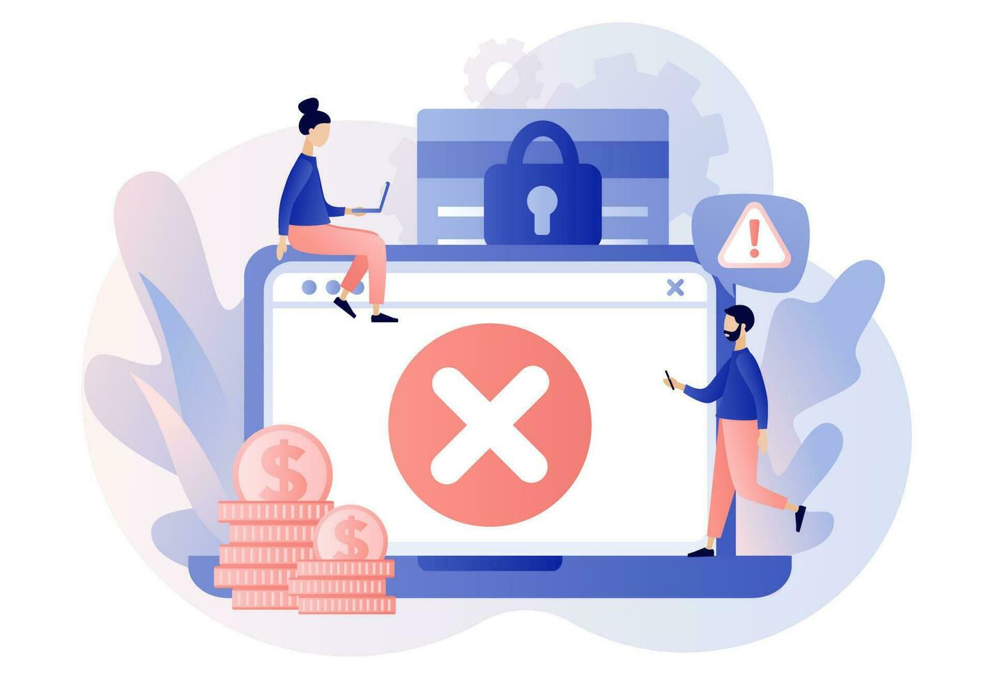 Payment error. Cashless NFC payment failed. Online transaction canceled. Try again. Web site with cross checkmark. Modern flat cartoon style. Vector illustration on white background