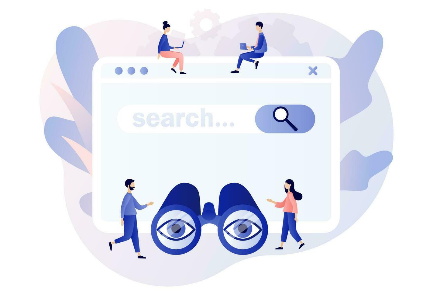 Search web page. Tiny people browsing online information, surfing internet with binocular. SEO concept. Modern flat cartoon style. Vector illustration on white background