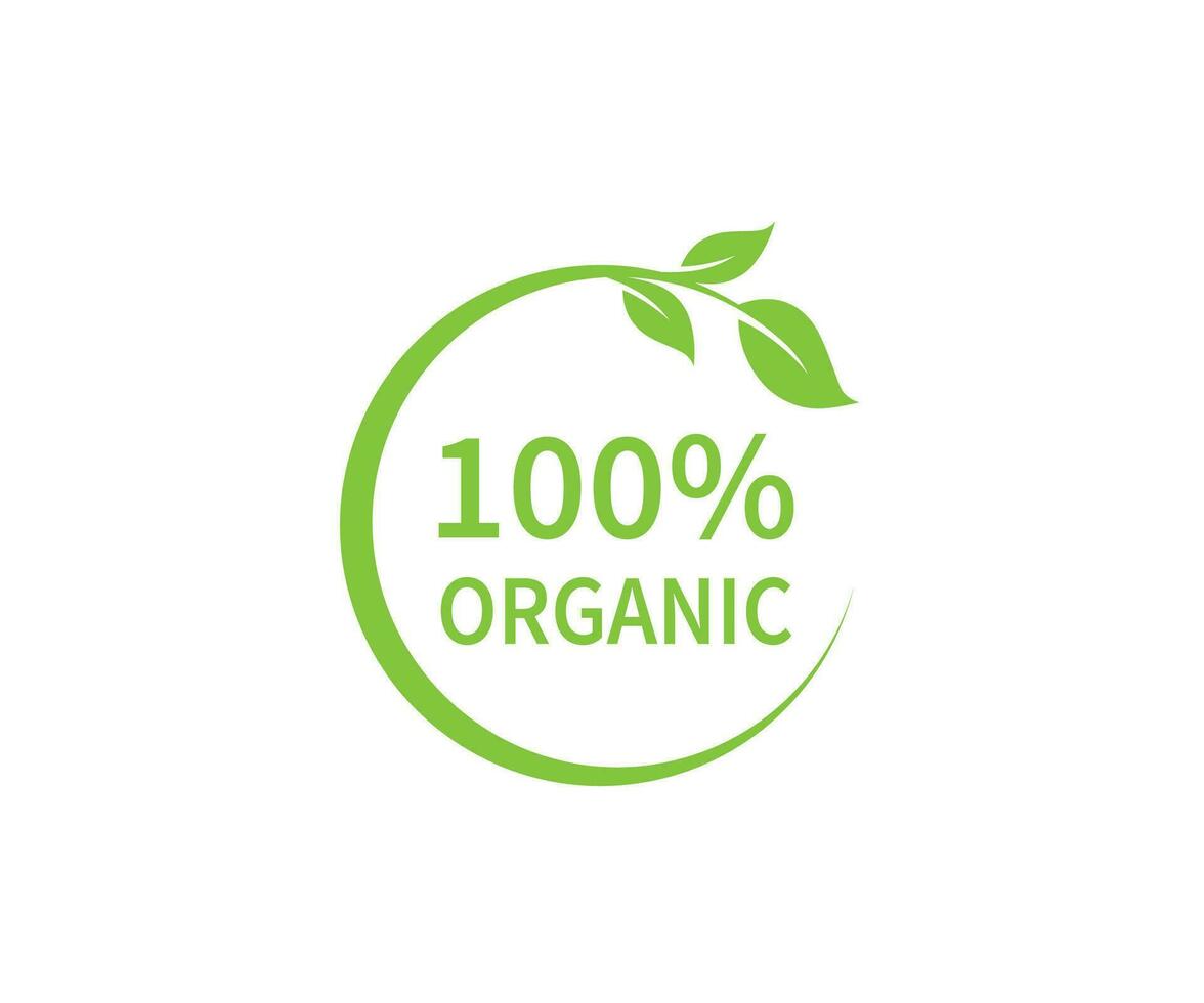 100 Organic sign with green leaves. 100 Organic vector logo design.